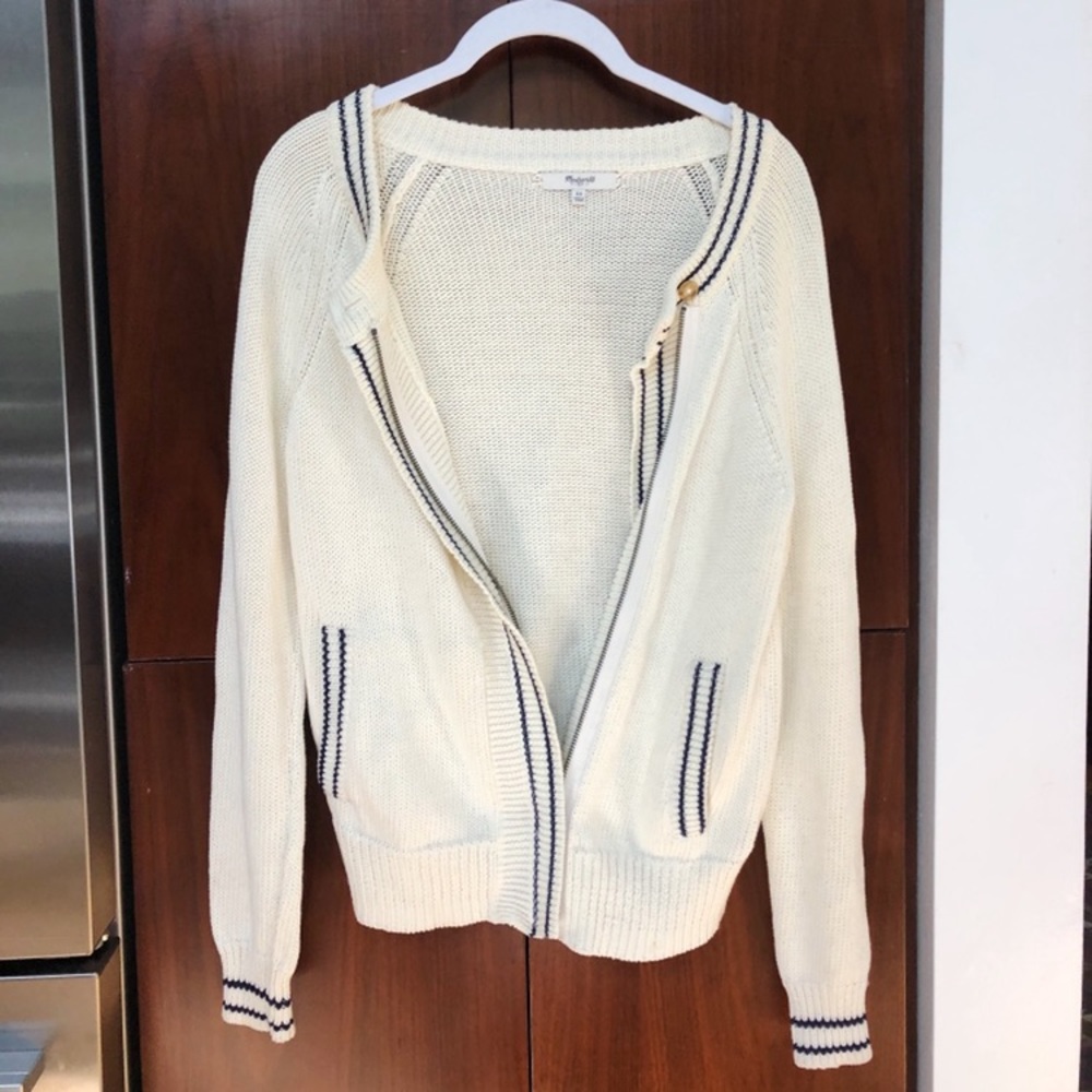 White Varsity Zip-Up Sweater with Navy
